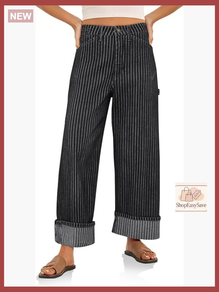 Striped Wide Leg Jeans Baggy Boyfriend High Waisted Cuffed Denim Pants With